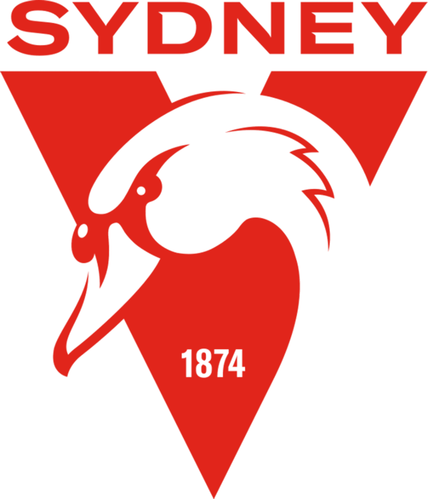 Red logo featuring a stylized swans head. The word SYDNEY is written above in bold red letters, and the number 1874 is below.